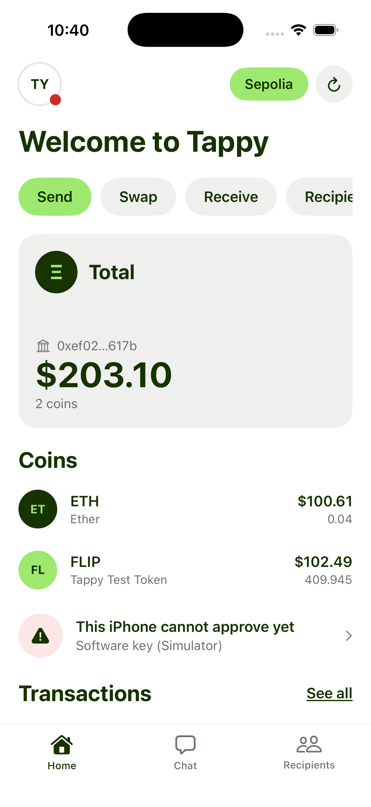 Tappy's home screen showing balance and holdings