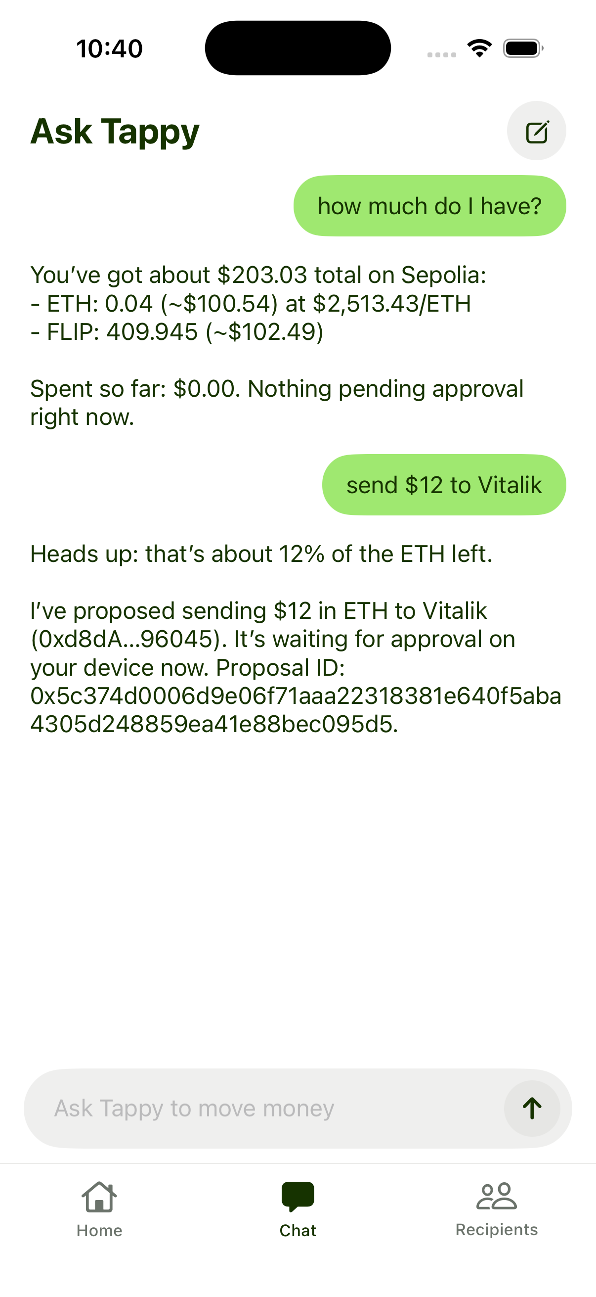 Chat with Tappy, showing a balance and a new proposal