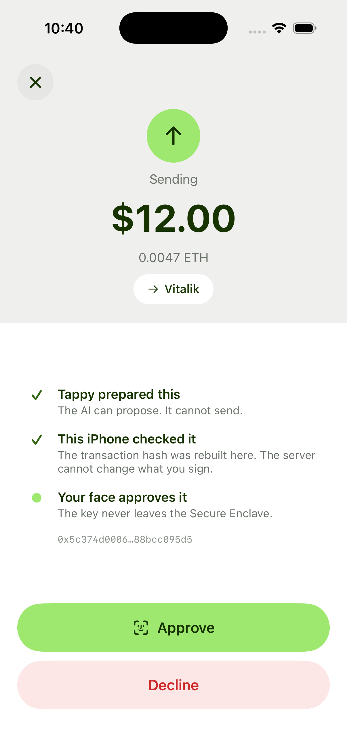 Tappy's approval screen, sending $12.00 to Vitalik